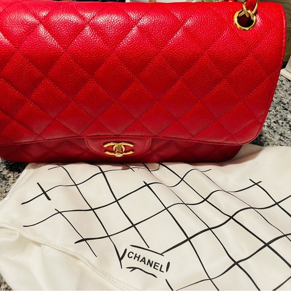 CHANEL JUMBO DOUBLE FLAP RED quilted caviar leather handbag - Picture 17 of 17